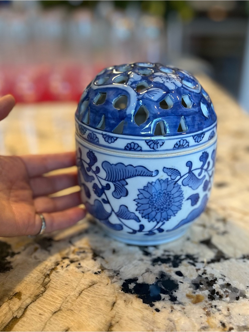 Blue & White Asian Porcelain Floral Jar for Flower Arranging with Flower Frog - Picture 5 of 7